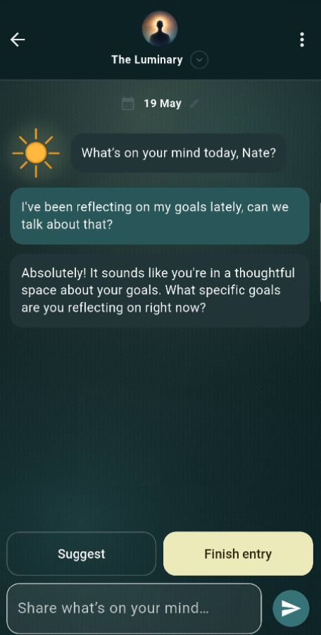 Solstice Diary guided journal showing a reflective conversation with one prompt at a time.