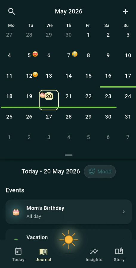 Solstice Diary journal screen showing saved entries, moods, and calendar context.