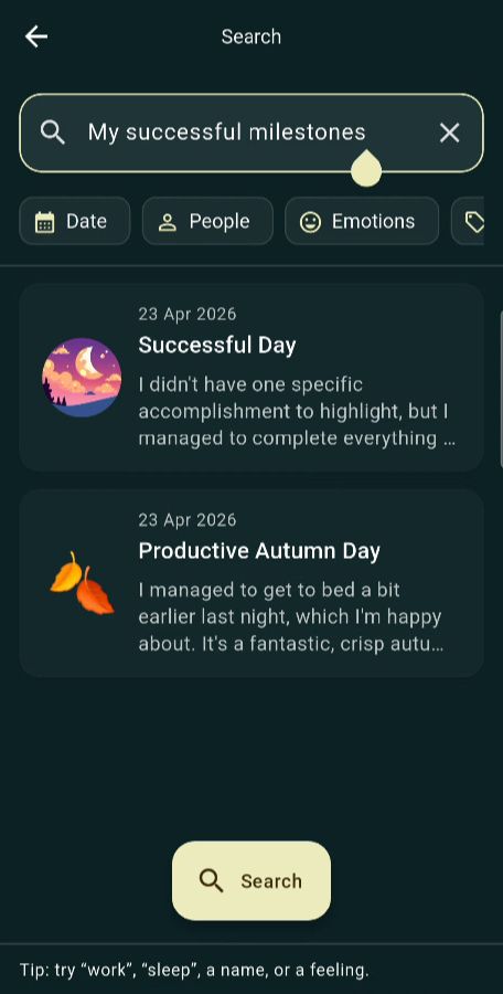 Solstice Diary search screen showing journal results and filters for date, people, emotions, and topics.