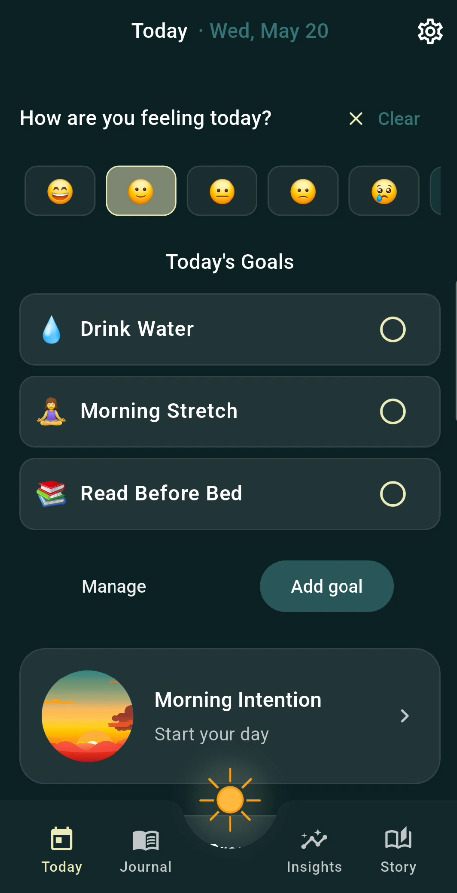 Solstice Diary Today screen showing a mood check-in, goals, and morning intention.